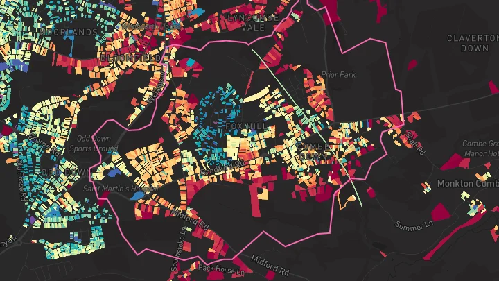 House price heatmap showing property values across Combe Down