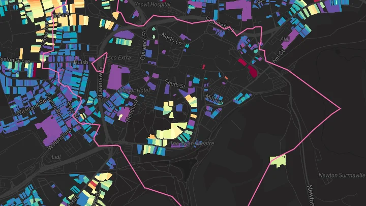 House price heatmap showing property values across Yeovil