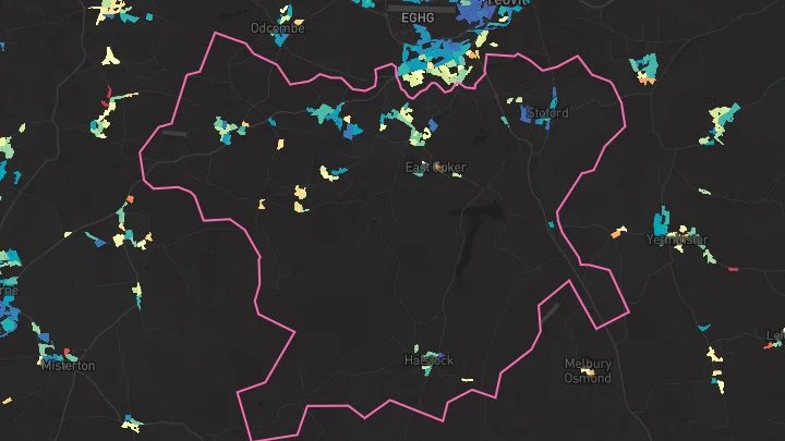 House price heatmap showing property values across West Coker