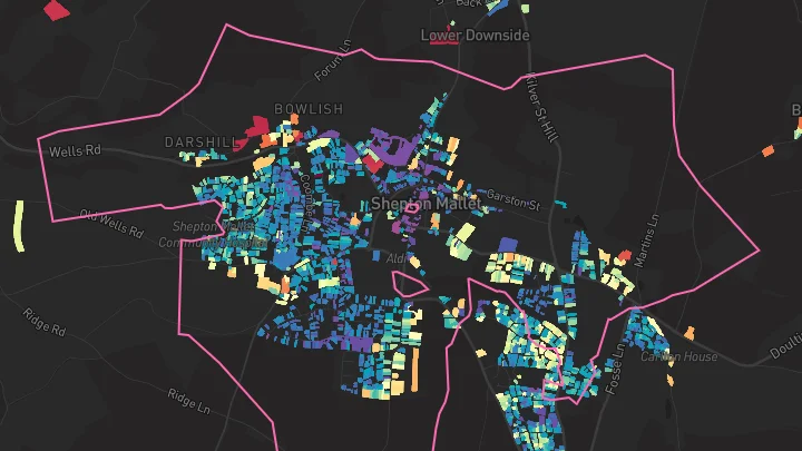 House price heatmap showing property values across Shepton Mallet