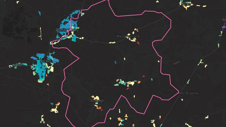 House price heatmap showing property values across Glastonbury