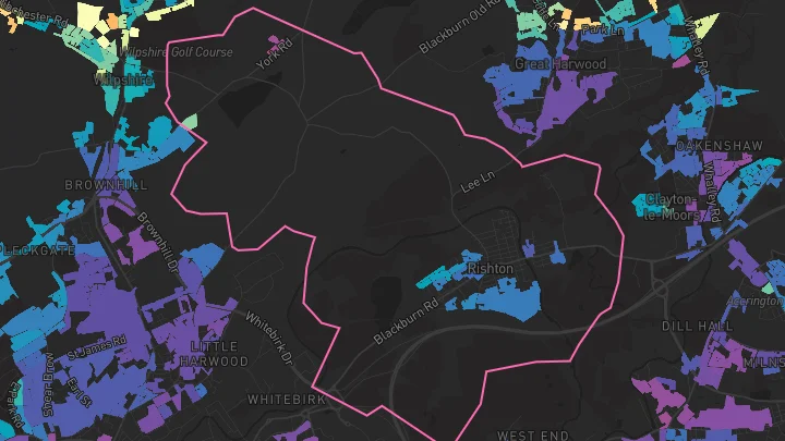 House price heatmap showing property values across Rishton