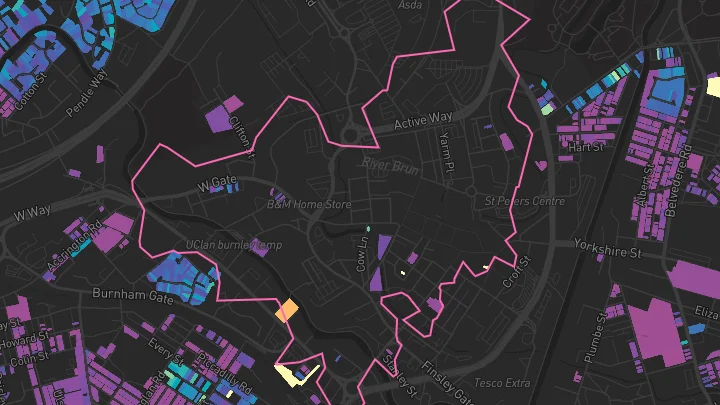 House price heatmap showing property values across Burnley
