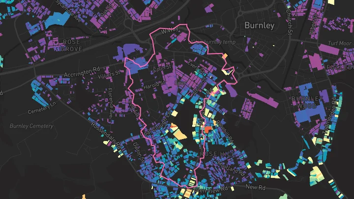 House price heatmap showing property values across Burnley