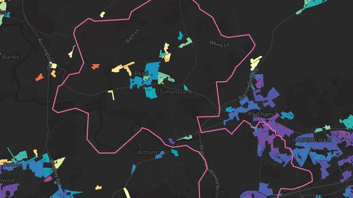 House price heatmap showing property values across Padiham