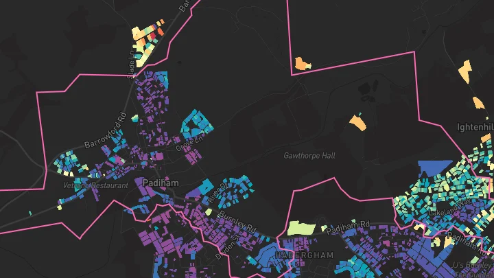 House price heatmap showing property values across Padiham
