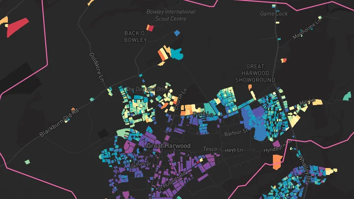 House price heatmap showing property values across Great Harwood