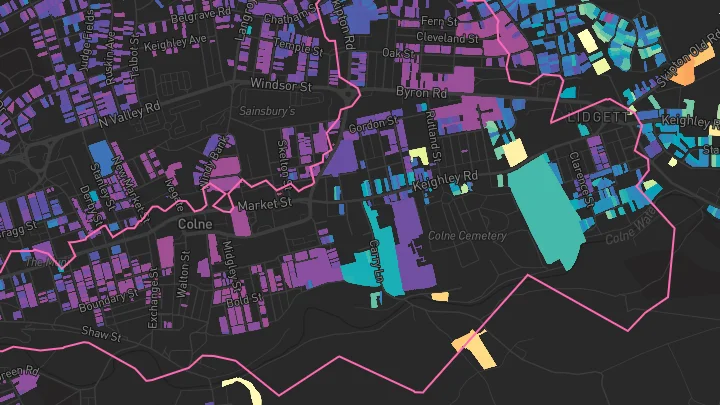 House price heatmap showing property values across Colne