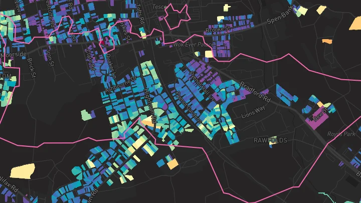 House price heatmap showing property values across Cleckheaton