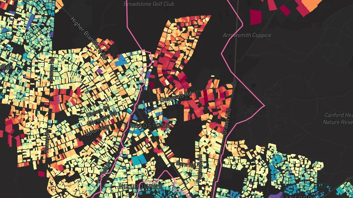 House price heatmap showing property values across Broadstone