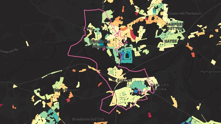 House price heatmap showing property values across Wimborne