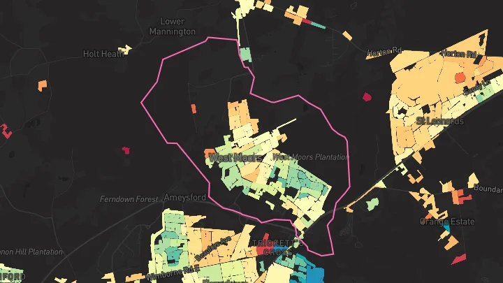 House price heatmap showing property values across West Moors