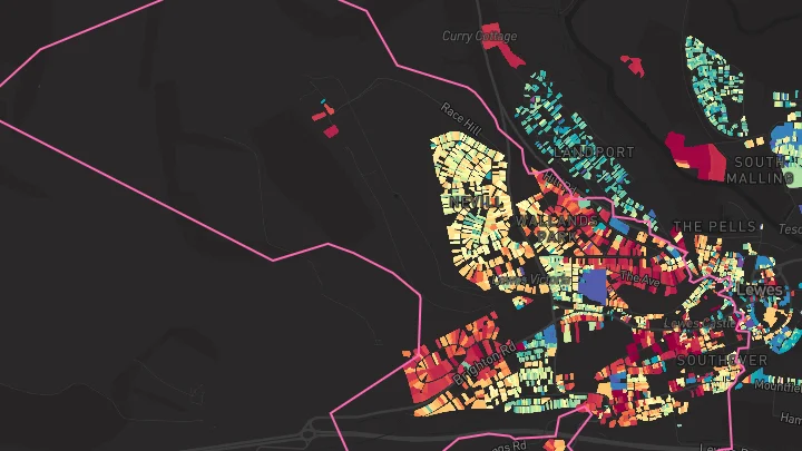 House price heatmap showing property values across Lewes