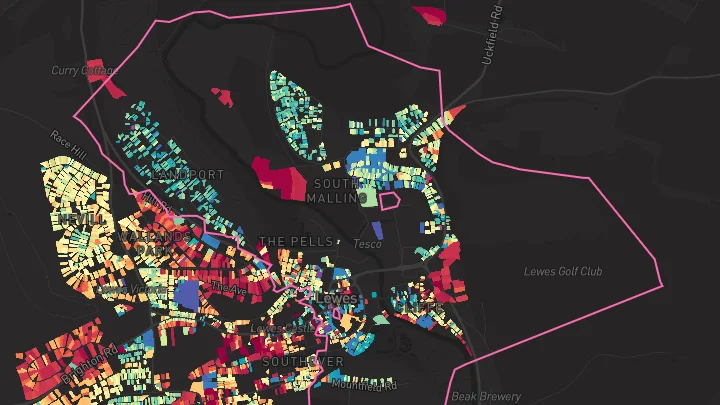 House price heatmap showing property values across Lewes