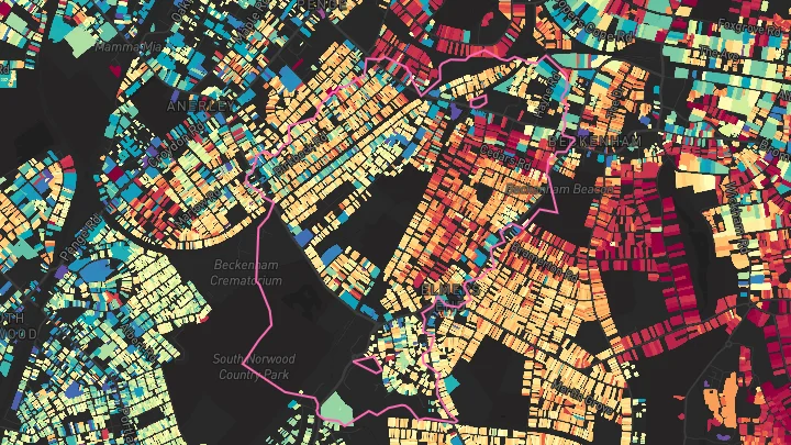 House price heatmap showing property values across Elmers End