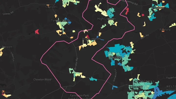 House price heatmap showing property values across High Littleton