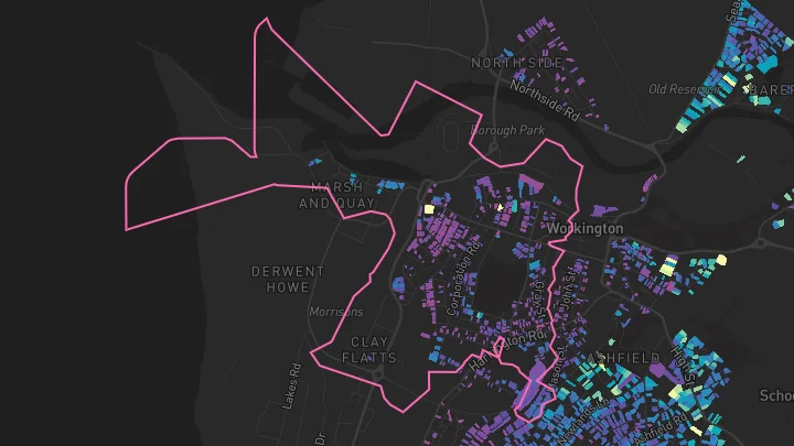 House price heatmap showing property values across Workington