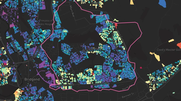 House price heatmap showing property values across Brackla