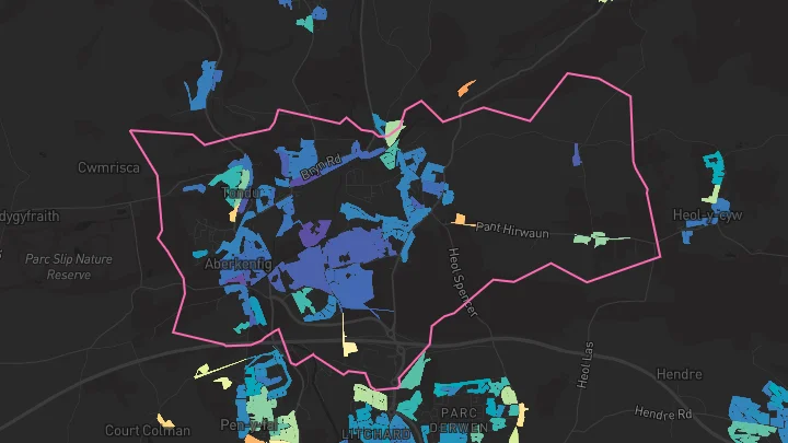 House price heatmap showing property values across Bryncethin