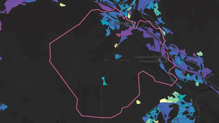 House price heatmap showing property values across Pontypridd