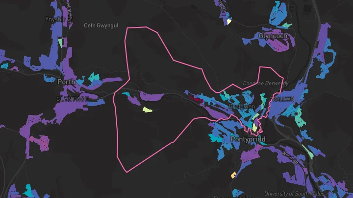 House price heatmap showing property values across Pontypridd