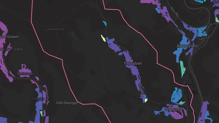House price heatmap showing property values across Ynysybwl