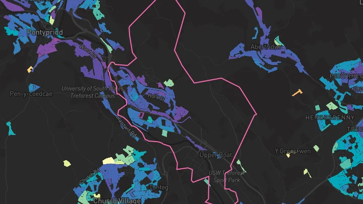 House price heatmap showing property values across Rhydyfelin