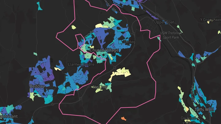 House price heatmap showing property values across Church Village