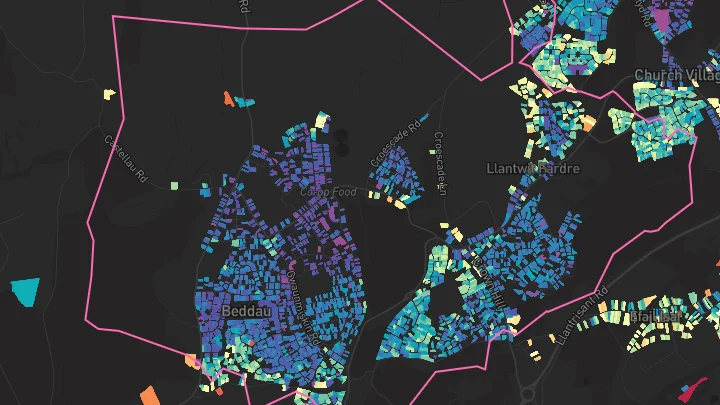 House price heatmap showing property values across Beddau