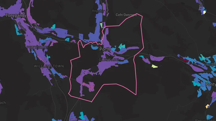 House price heatmap showing property values across Porth