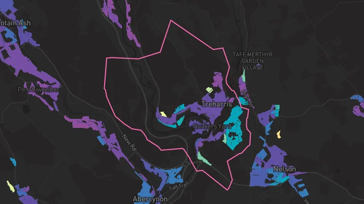 House price heatmap showing property values across Treharris