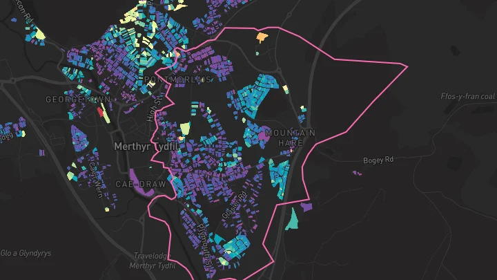 House price heatmap showing property values across Merthyr Tydfil