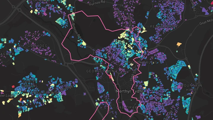 House price heatmap showing property values across Merthyr Tydfil