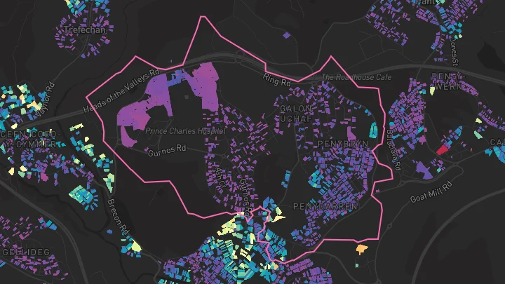 House price heatmap showing property values across Merthyr Tydfil
