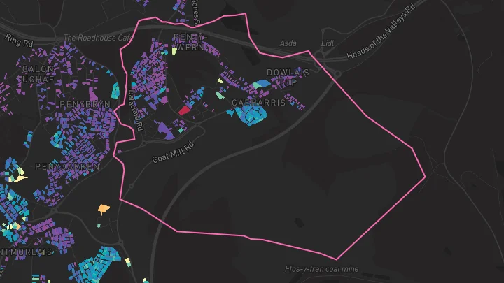 House price heatmap showing property values across Dowlais