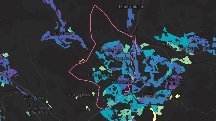 House price heatmap showing property values across Caerphilly