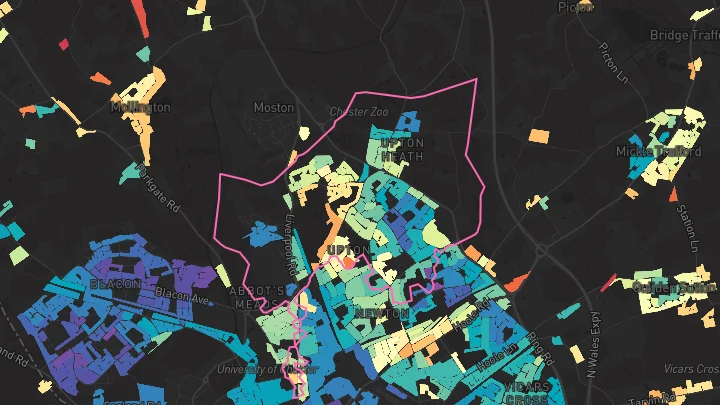 House price heatmap showing property values across Upton