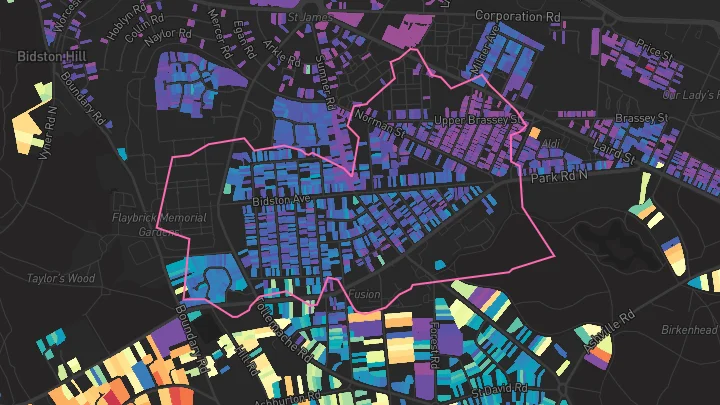 House price heatmap showing property values across Birkenhead
