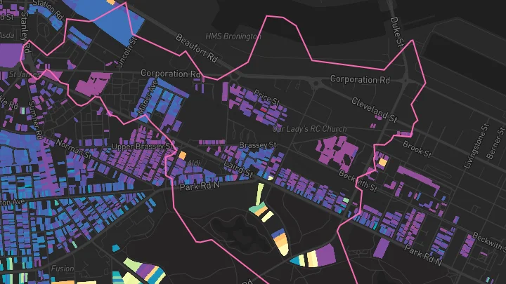 House price heatmap showing property values across Birkenhead