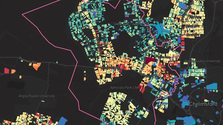 House price heatmap showing property values across Chelmsford