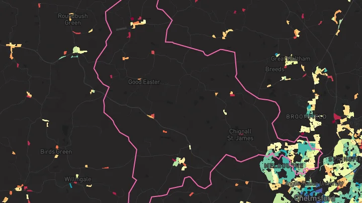 House price heatmap showing property values across Chelmsford