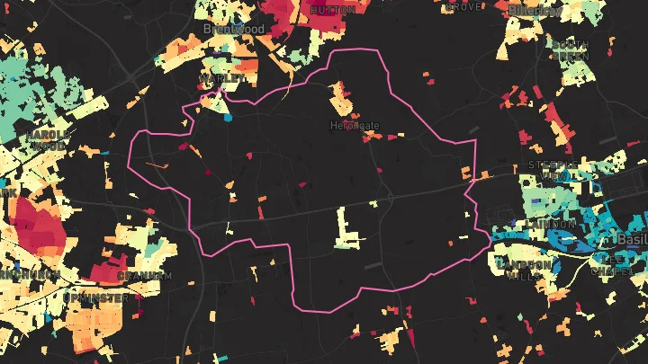 House price heatmap showing property values across Harold Wood