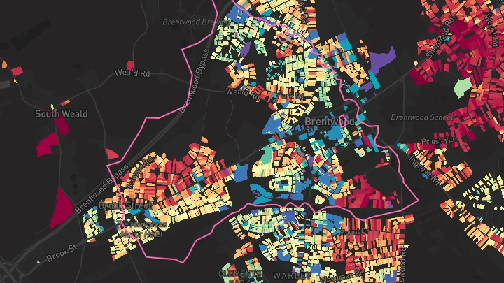 House price heatmap showing property values across Brentwood