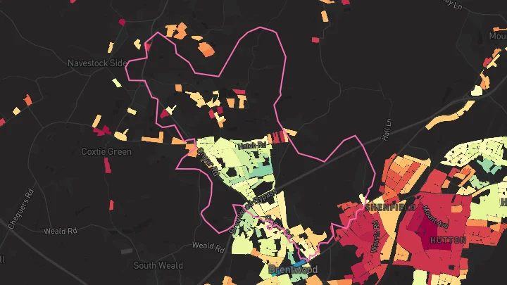 House price heatmap showing property values across Pilgrims Hatch