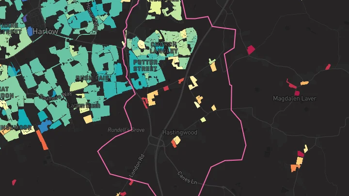 House price heatmap showing property values across Church Langley