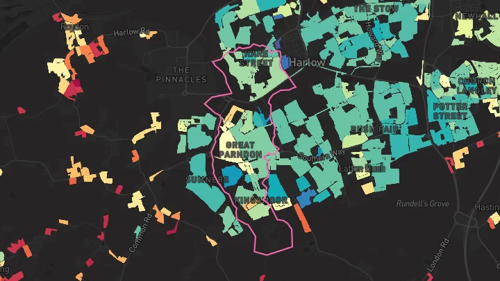 House price heatmap showing property values across Harlow