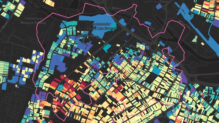 House price heatmap showing property values across Chelmsford