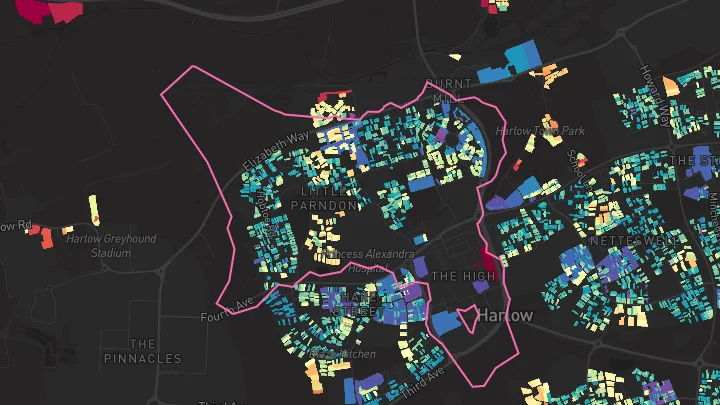 House price heatmap showing property values across Harlow