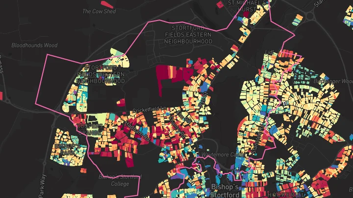 House price heatmap showing property values across Bishops Stortford