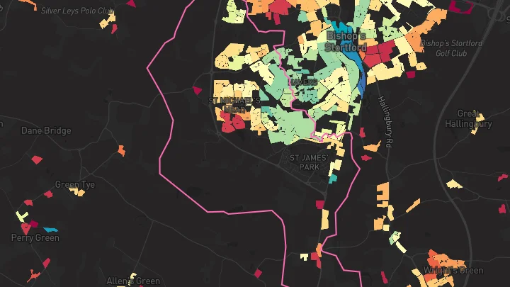 House price heatmap showing property values across Bishops Stortford
